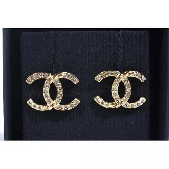 Chanel 23C Gold Crystal Interlocking CC Logo Classic Drop Statement Stud Earring - Picture 4 of 7